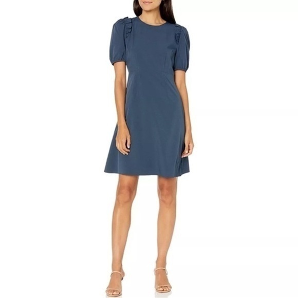 Lark & Ro Florence Puff Sleeve Fit & Flare Dress in Midnight Navy
